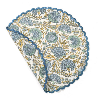 Asparagus Green, Air Force Blue Indian Floral Hand Block Printed Pure Cotton Cloth Mats, Table Decor, Reusable Mats, Set of 2,4,6,12,24,48