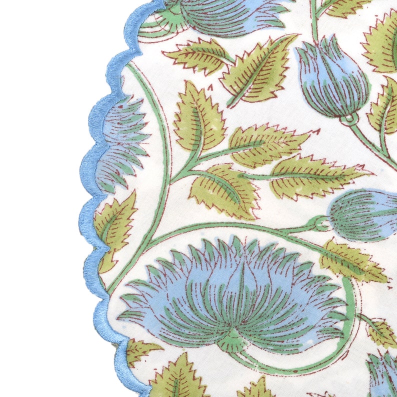 Cornflower Blue, Russian Green Indian Floral Hand Block Printed 100% Cotton Cloth Mats, Table Decor, Reusable Mats, Set of 2,4,6,12,24,48