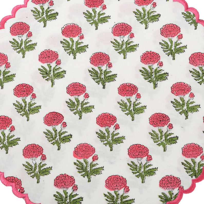Thulian Pink, Fern Green Indian Floral Hand Block Printed 100% Pure Cotton Cloth Mats, Table Decor, Reusable Mats, Set of 2,4,6,12,24,48