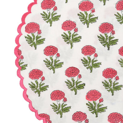 Fabricrush Thulian Pink, Fern Green Indian Floral Hand Block Printed 100% Pure Cotton Cloth Mats, Table Decor, Reusable Mats