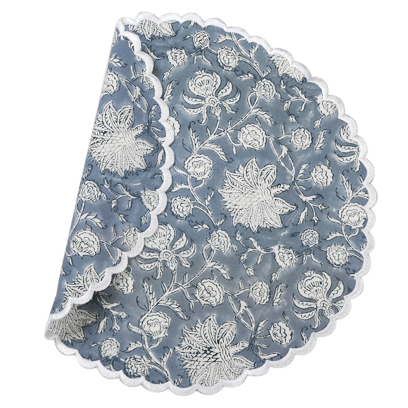 Fabricrush Airforce Blue and White Indian Floral Hand Block Printed 100% Cotton Cloth Reusable Placemats, Gift for her