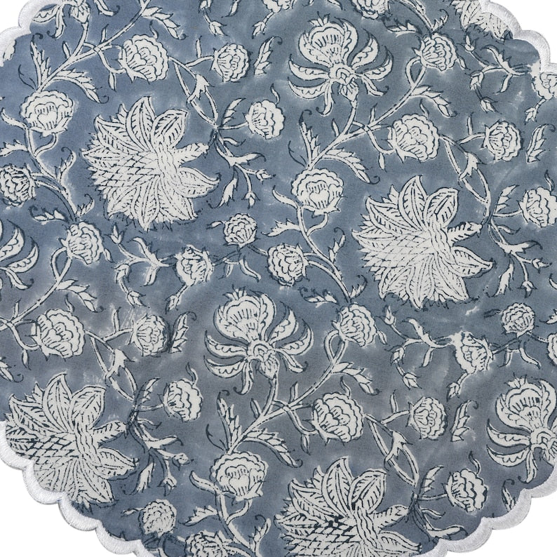 Fabricrush Airforce Blue and White Indian Floral Hand Block Printed 100% Cotton Cloth Reusable Placemats, Gift for her