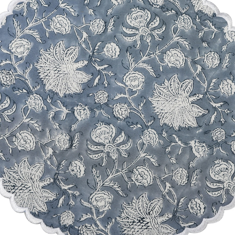 Fabricrush Airforce Blue and White Indian Floral Hand Block Printed 100% Cotton Cloth Reusable Placemats