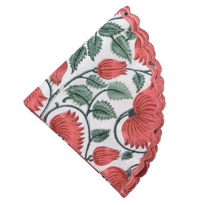 Fabricrush Light Coral, Light Russian Green Indian Floral Hand Block Printed 100% Pure Cotton Cloth Mats, Table Decor, Gifts