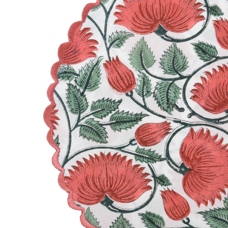 Light Coral, Light Russian Green Indian Floral Hand Block Printed 100% Pure Cotton Cloth Mats, Table Decor, Gifts, Set of 2,4,6,12,24,48