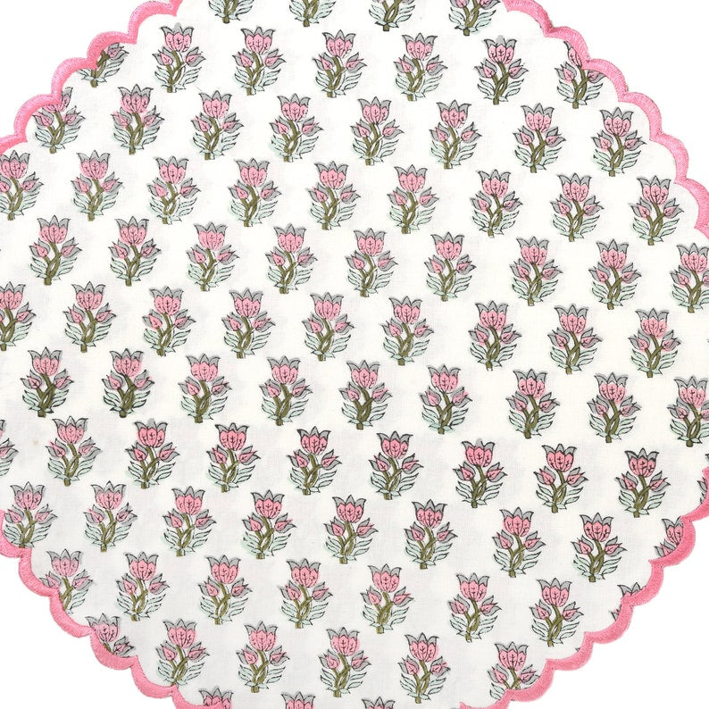 Grey, Amaranth Pink, Army Green Indian Floral Hand Block Printed 100% Cotton Cloth Mats, Table Decor, Reusable Mats, Set of 2,4,6,12,24,48