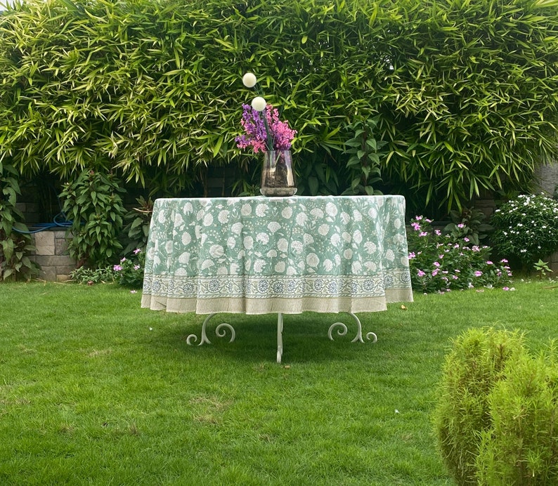 Fabricrush Turquoise Green, Old Moss Green Indian Hand Block Floral Printed Cotton Cloth Round Tablecloth