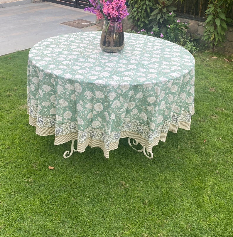 Turquoise Green, Old Moss Green Indian Hand Block Floral Printed Cotton Cloth Round Tablecloth, Home Decor Party Wedding Farmhouse Christmas