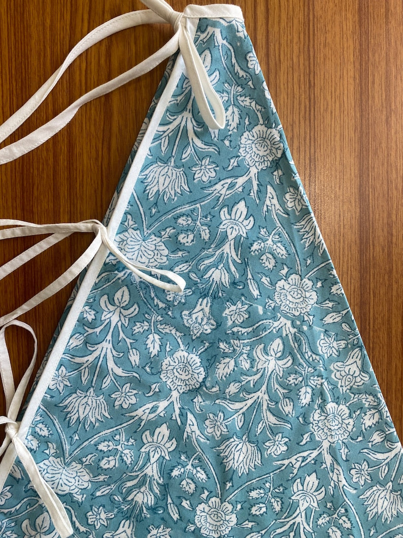 Fabricrush Teal and White Indian Floral Hand Block Printed 100% Pure Cotton Cloth Christmas Tree Skirt With Pom Pom, Farmhouse Outdoor Home Party , Gift for her, gifts