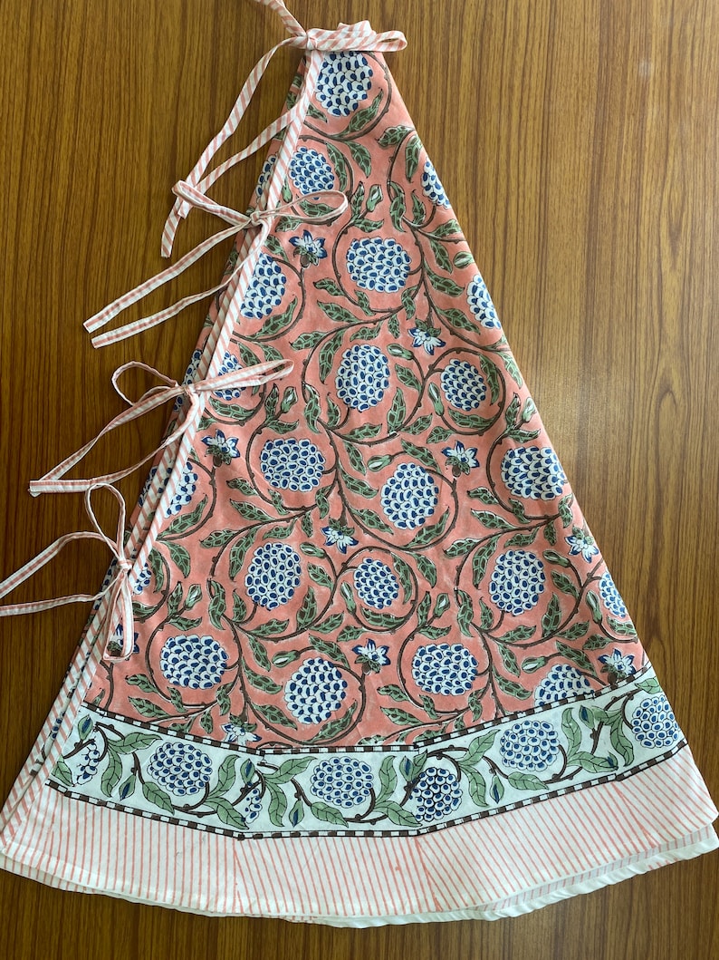 Fabricrush Dark Salmon Pink, Sage Green, Delft Blue Indian Floral Hand Block Printed Cotton Cloth Christmas Tree Skirt Holiday Party Outdoor House, Gift for her, gifts