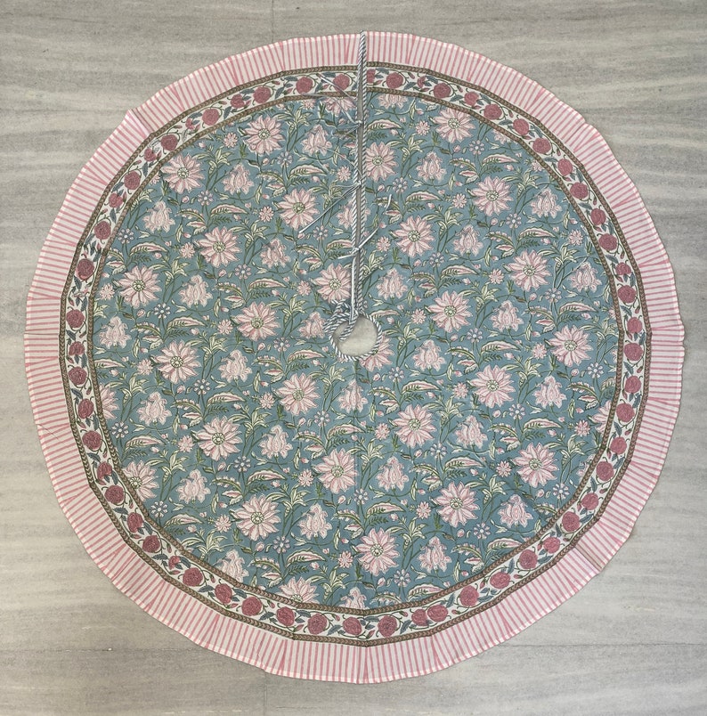 Fabricrush Ice Blue, Kelly Green, Flamingo Pink Indian Floral Hand Block Printed Cotton Cloth Christmas Tree Skirt, Farmhouse Party Holiday Decor, Valentine's day, Spring, Easter