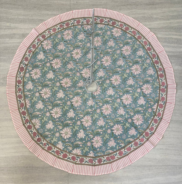 Fabricrush Ice Blue, Kelly Green, Flamingo Pink Indian Floral Hand Block Printed Cotton Cloth Christmas Tree Skirt, Farmhouse Party Holiday Decor