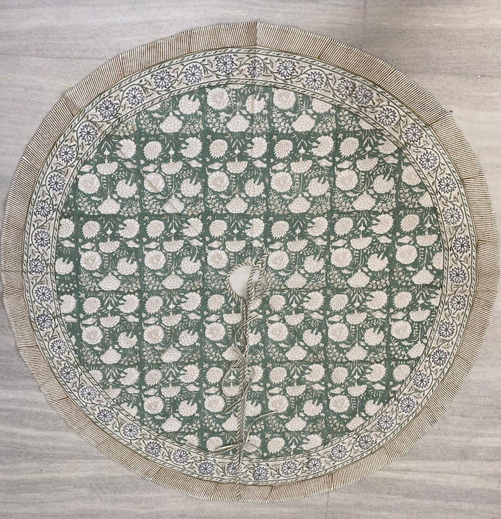 Fabricrush Turquoise and Old Moss Green Indian Floral Hand Block Printed Cotton Cloth Christmas Tree Skirt, Farmhouse Outdoor Home House Farmhouse, Gift for her, gifts