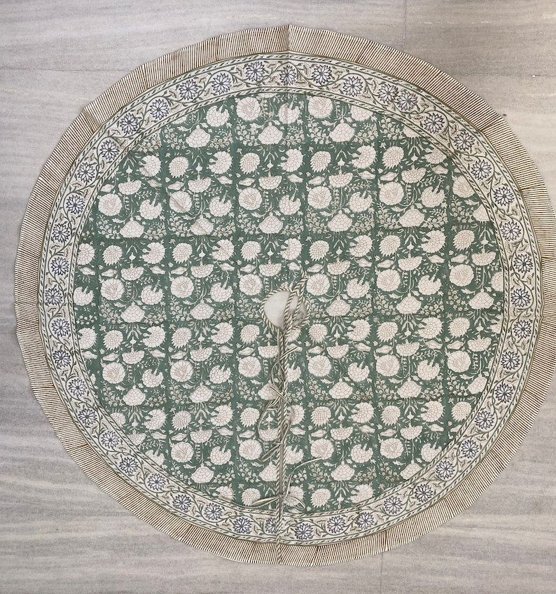 Fabricrush Turquoise and Old Moss Green Indian Floral Hand Block Printed Cotton Cloth Christmas Tree Skirt, Farmhouse Outdoor Home House Farmhouse, Gift for her, gifts