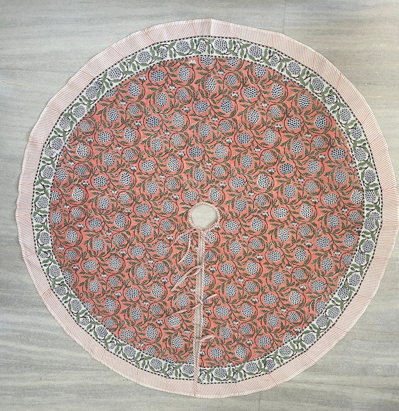 Fabricrush Dark Salmon Pink, Sage Green, Delft Blue Indian Floral Hand Block Printed Cotton Cloth Christmas Tree Skirt Holiday Party Outdoor House, Gift for her, gifts, Valentine's day, Spring, Easter