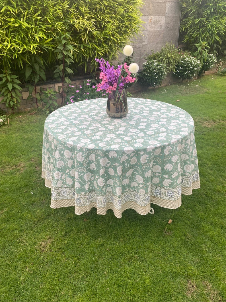 Turquoise Green, Old Moss Green Indian Hand Block Floral Printed Cotton Cloth Round Tablecloth, Home Decor Party Wedding Farmhouse Christmas
