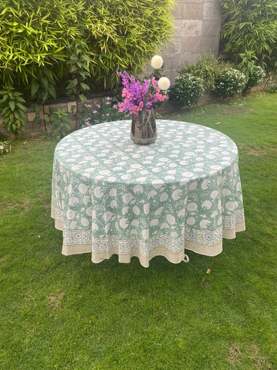 Fabricrush Turquoise Green, Old Moss Green Indian Hand Block Floral Printed Cotton Cloth Round Tablecloth