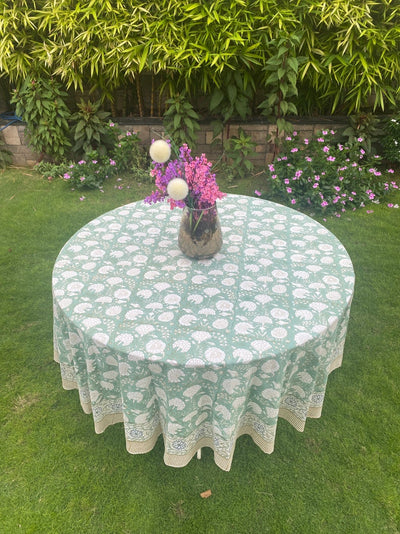 Fabricrush Turquoise Green, Old Moss Green Indian Hand Block Floral Printed Cotton Cloth Round Tablecloth