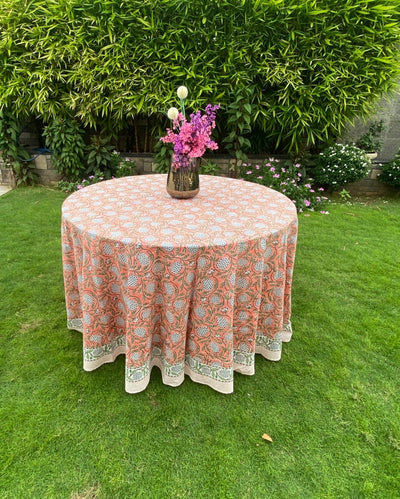 Fabricrush Dark Salmon Pink, Sage Green, Delft Blue Round Tablecloth, Indian Hand Block Printed Floral Cotton Tablecloth Home Decor Party Wedding Event
