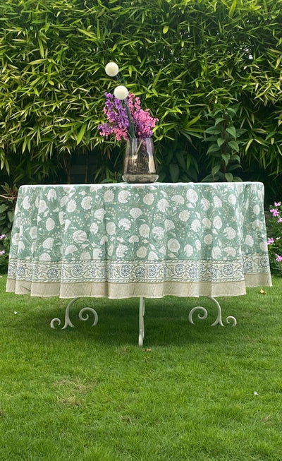 Fabricrush Turquoise Green, Old Moss Green Indian Hand Block Floral Printed Cotton Cloth Round Tablecloth