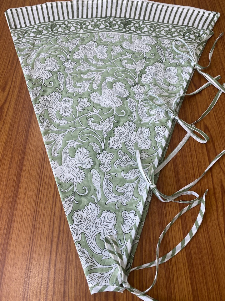 Fabricrush Sage Green and White Indian Floral Hand Block Printed Pure Cotton Cloth Christmas Tree Skirt with Border, Holiday Farmhouse Christmas, Gift for her, gifts