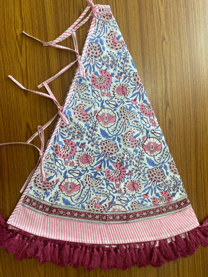 Fabricrush Pigeon Blue, Flamingo Pink Indian Floral Hand Block Printed Cotton Cloth Christmas Tree Skirt with Pom Pom Lace Farmhouse Outdoor Party, Gift for her, gifts