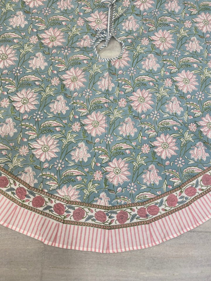 Fabricrush Ice Blue, Kelly Green, Flamingo Pink Indian Floral Hand Block Printed Cotton Cloth Christmas Tree Skirt, Farmhouse Party Holiday Decor