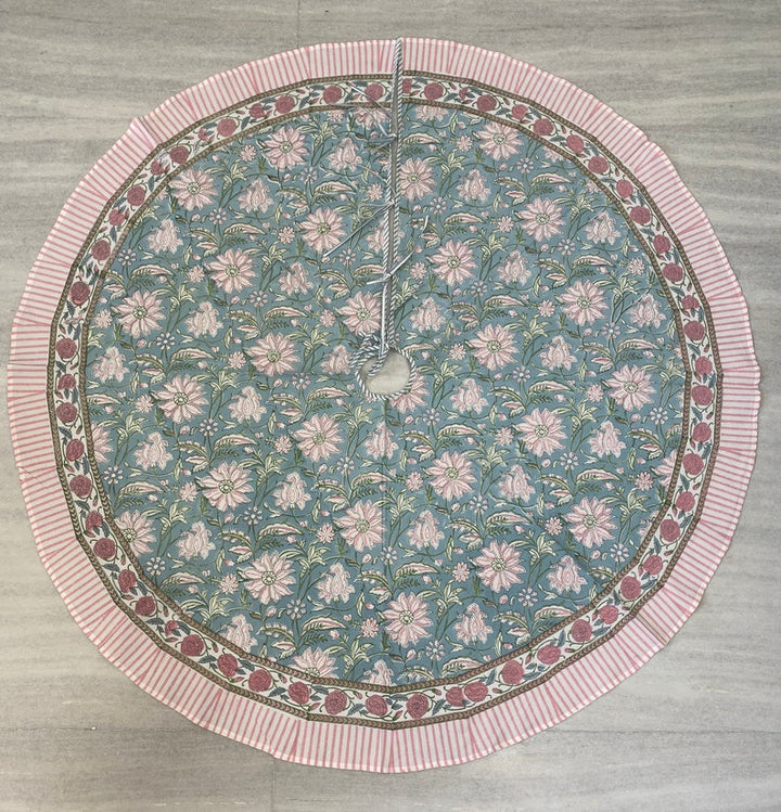 Fabricrush Ice Blue, Kelly Green, Flamingo Pink Indian Floral Hand Block Printed Cotton Cloth Christmas Tree Skirt, Farmhouse Party Holiday Decor