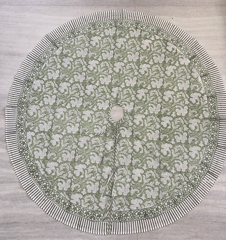 Fabricrush Sage Green and White Indian Floral Hand Block Printed Pure Cotton Cloth Christmas Tree Skirt with Border, Holiday Farmhouse Christmas, Gift for her, gifts