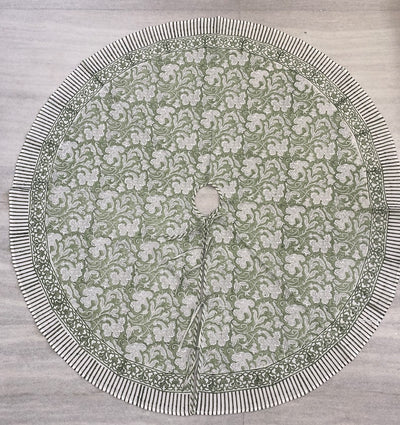Fabricrush Sage Green and White Indian Floral Hand Block Printed Pure Cotton Cloth Christmas Tree Skirt with Border, Holiday Farmhouse Christmas Party