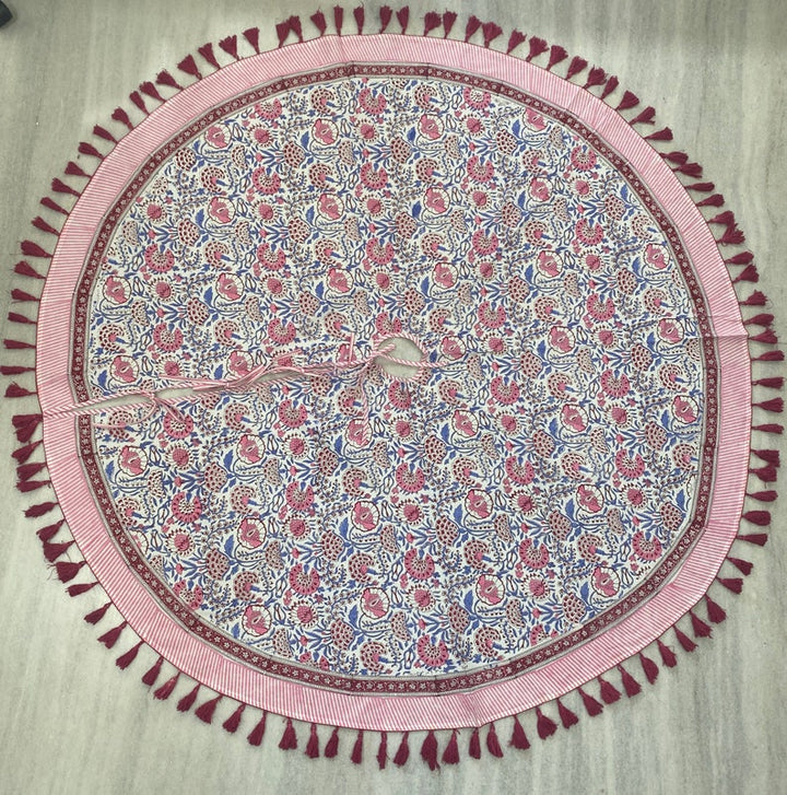 Fabricrush Pigeon Blue, Flamingo Pink Indian Floral Hand Block Printed Cotton Cloth Christmas Tree Skirt with Pom Pom Lace Farmhouse Outdoor Party, Gift for her, gifts