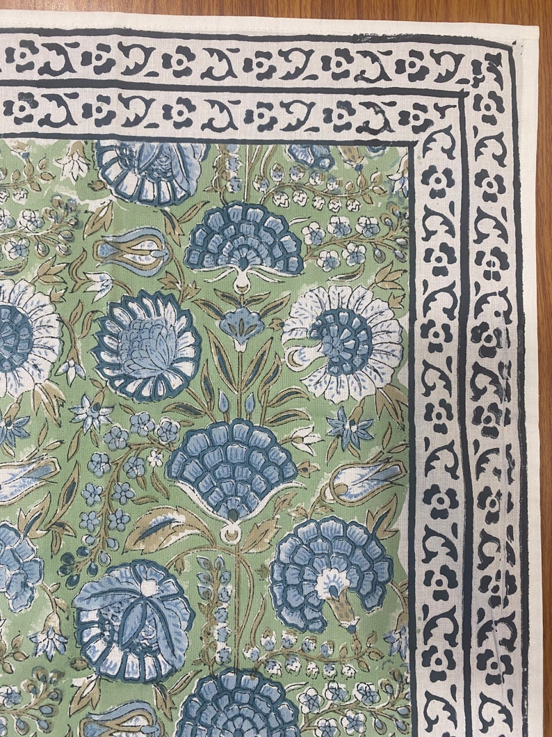 Asparagus Green, Airforce Blue Indian Hand Block Floral Printed Cotton Cloth Table Runner Wedding Events Home Decor Party Console Side Table