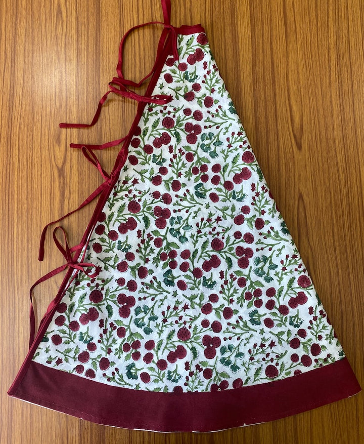 Fabricrush Garnet Red, Emerald and Moss Green Cherry Print Indian Floral Hand Block Printed Cotton Cloth Christmas Tree Skirt, Holiday Decor, Home, Gift for her