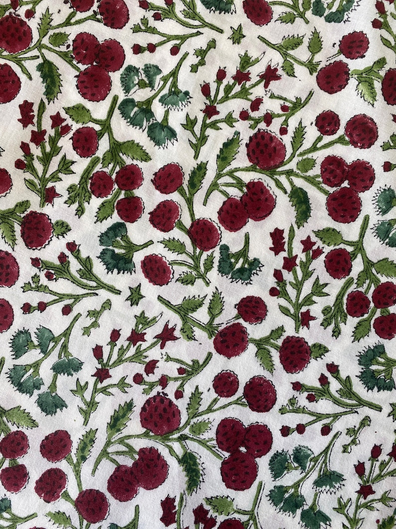 Fabricrush Garnet Red, Emerald and Moss Green Cherry Print Indian Floral Hand Block Printed Cotton Cloth Christmas Tree Skirt, Holiday Decor, Home Gift