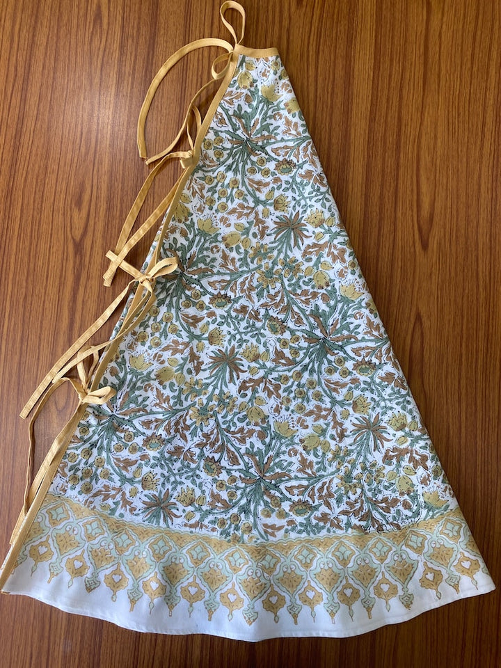 Fabricrush Goldenrod Yellow, Fern Green, Peanut Brown Indian Floral Hand Block Printed Cotton Cloth Christmas Tree Skirt, Gift for her