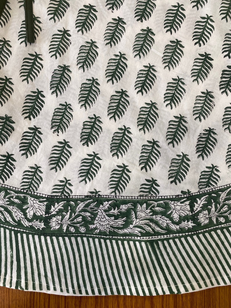 Fabricrush Juniper Green, White Indian Leaf Print Hand Block Printed Cotton Cloth Christmas Tree Skirt, Holiday Decor Home Farmhouse, Christmas Decor
