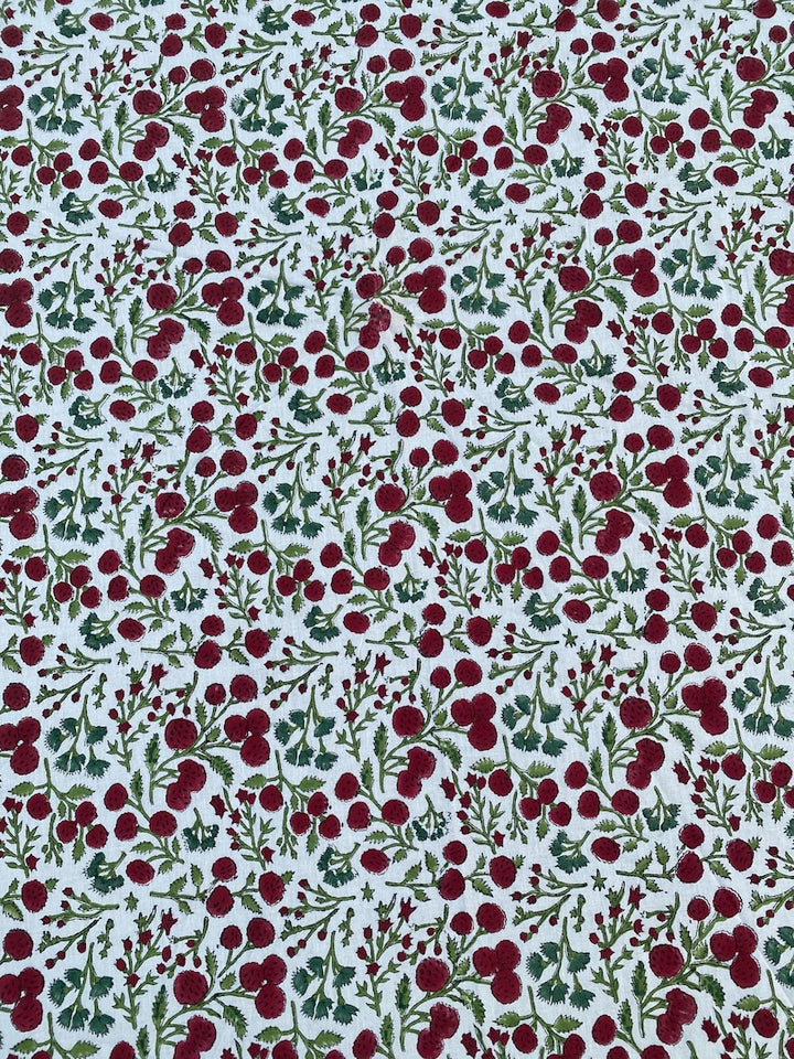 Fabricrush Garnet Red, Emerald and Moss Green Cherry Print Indian Hand Block Cotton Round Tablecloth, Wedding Party Farmhouse Home Events Restaurant, Gift for her, gifts, Valentine's day,  Easter, Spring