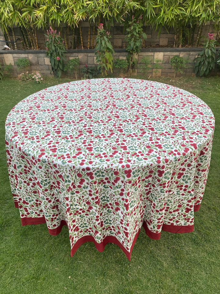 Fabricrush Garnet Red, Emerald and Moss Green Cherry Print Indian Hand Block Cotton Round Tablecloth, Wedding Party Farmhouse Home Events Restaurant, Gift for her, gifts, Valentine's day,  Easter, Spring