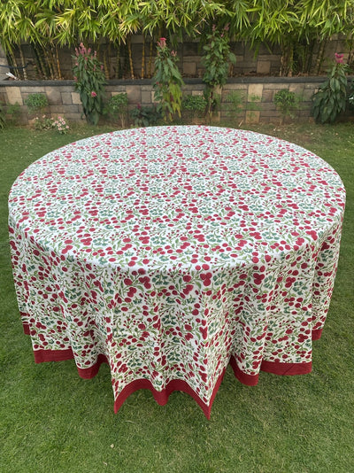 Fabricrush Garnet Red, Emerald and Moss Green Cherry Print Indian Hand Block Cotton Round Tablecloth, Wedding Party Farmhouse Home Events Restaurant