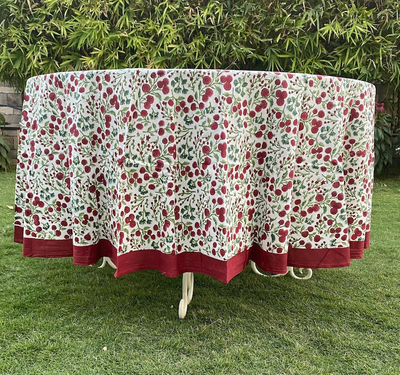 Fabricrush Garnet Red, Emerald and Moss Green Cherry Print Indian Hand Block Cotton Round Tablecloth, Wedding Party Farmhouse Home Events Restaurant, Gift for her, gifts, Valentine's day,  Easter, Spring