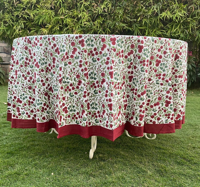 Fabricrush Garnet Red, Emerald and Moss Green Cherry Print Indian Hand Block Cotton Round Tablecloth, Wedding Party Farmhouse Home Events Restaurant, Gift for her, gifts, Valentine's day,  Easter, Spring