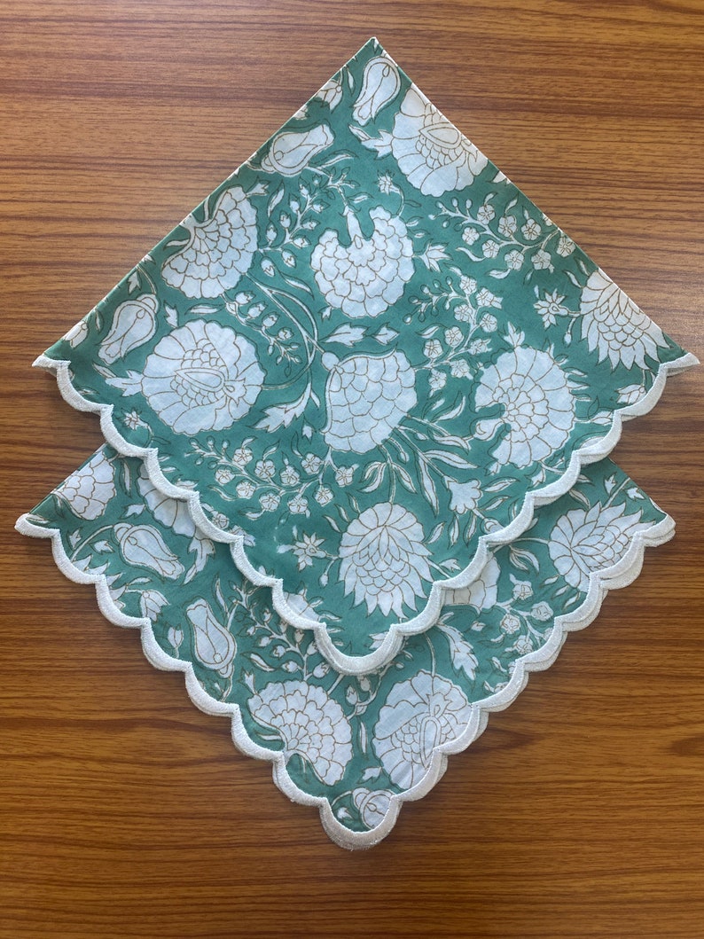 Turquoise Green, Old Moss Green, White Floral Hand Block Print Cotton Embroidery Napkins