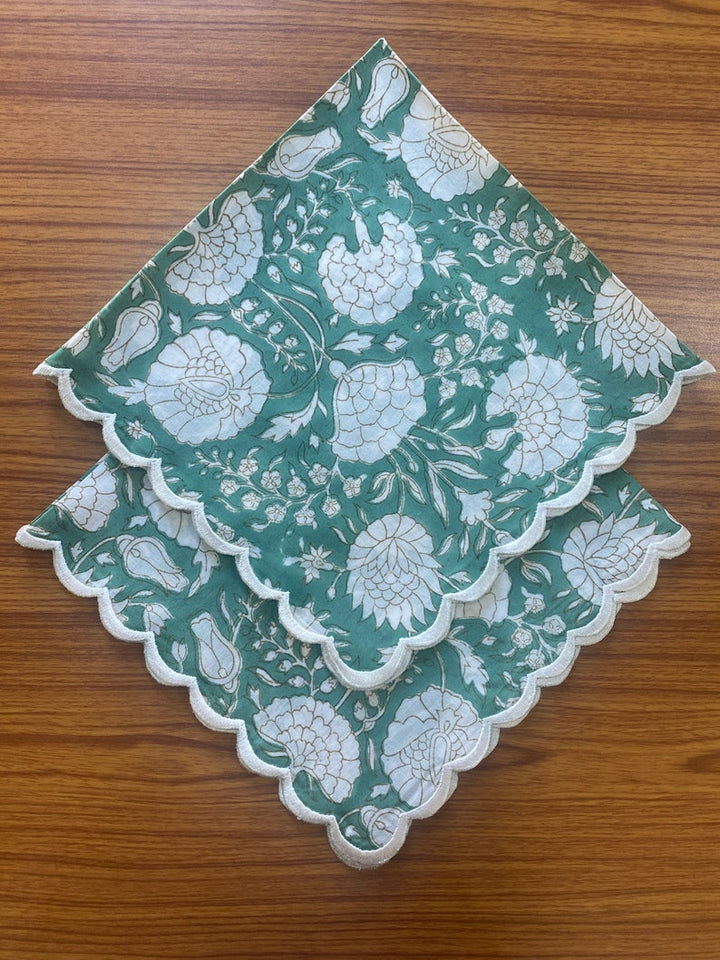 Turquoise Green, Old Moss Green, White Floral Hand Block Print Cotton Embroidery Napkins