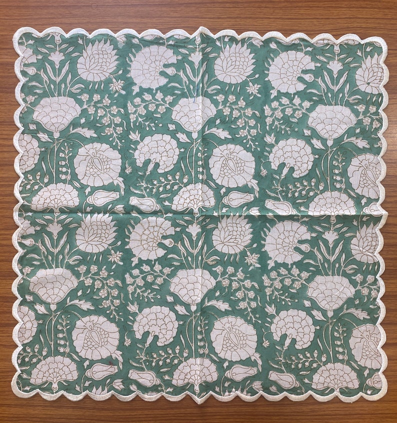 Turquoise Green, Old Moss Green, White Floral Hand Block Print Cotton Embroidery Napkins