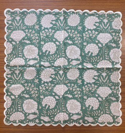 Turquoise Green, Old Moss Green, White Flower Design Indian Hand Block Printed Cotton Napkins, 9x9"-Cocktail Napkins, 20x20"- Dinner Napkins