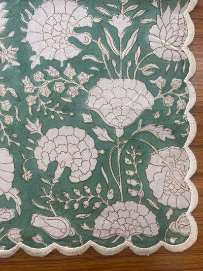 Fabricrush Turquoise Green, Old Moss Green, White Flower Design Indian Hand Block Printed Cotton Napkins, 18x18"-Cocktail Napkins, 20x20"- Dinner Napkins