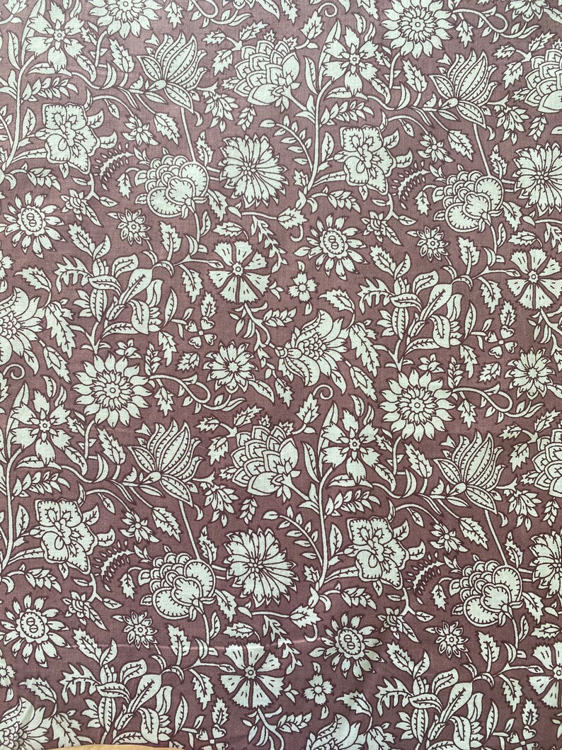 Fabricrush Mauve Taupe Old Mauve Floral Indian Hand Printed Pure Cotton Cloth, Fabric by the yard, Women's Clothing Curtains Duvet Cover Pillowcase Bag