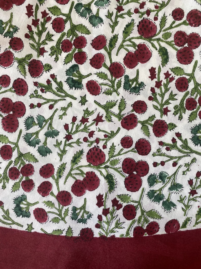 Fabricrush Garnet Red, Emerald and Moss Green Cherry Print Indian Floral Hand Block Printed Cotton Cloth Christmas Tree Skirt, Holiday Decor, Home, Gift for her