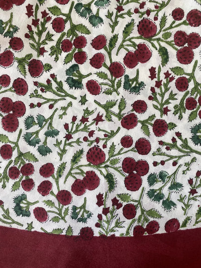 Fabricrush Garnet Red, Emerald and Moss Green Cherry Print Indian Floral Hand Block Printed Cotton Cloth Christmas Tree Skirt, Holiday Decor, Home Gift