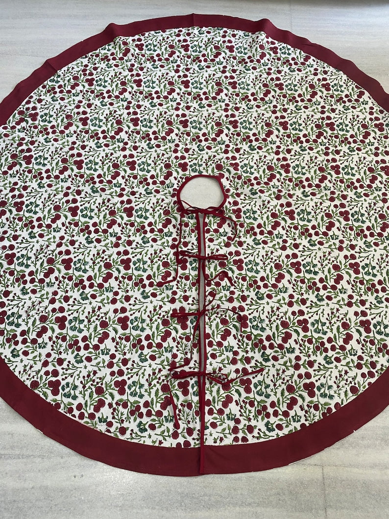 Fabricrush Garnet Red, Emerald and Moss Green Cherry Print Indian Floral Hand Block Printed Cotton Cloth Christmas Tree Skirt, Holiday Decor, Home, Gift for her